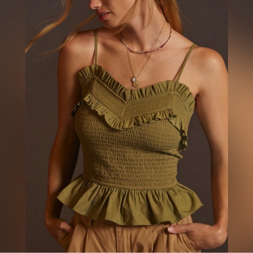 Anthropologie Forever That Girl Peplum Ruffled Tank Shirt Green Cotton Medium